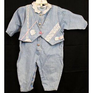 Vtg 90s Cuties by Judy Denim Jumper Lace Roses sz 12 Months Vest Light Blue Girl